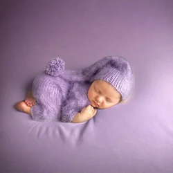 Newborn Photography Outfit Knitted Cap Mohair Baby Romper Jumpsuit and Hat Photo Shoot Props