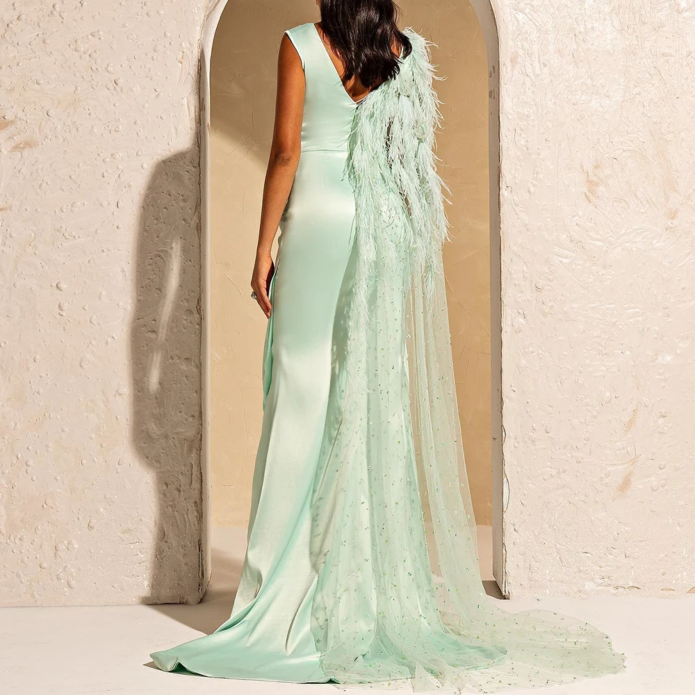 Customized Modern Satin Mermaid Cap Sleeve Feathers and Crystal Evening Dress V-Neck Sleeveless Floor Length Watteau Train