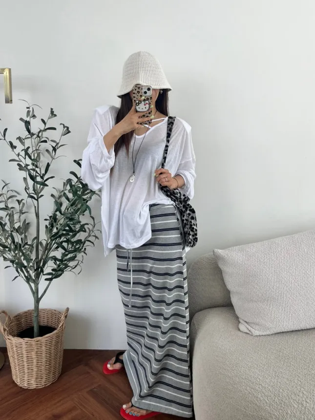 

Casual Stripe High Waist Dstring Bridesmaid Skirt Women Summer Slimming Long Walking Skirts Korean Sle A-Line Skirts