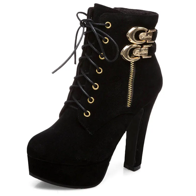 Women High Heel Ankle Boots Platform High Heels Shoes Fashion Round Toe Buckle Fall Winter Suede Women Short Black Size 34-48