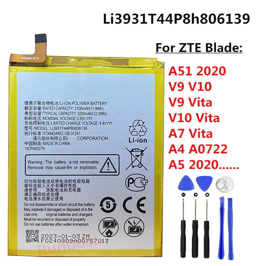 New Original 3200mAh Li3931T44P8h806139 Battery for ZTE Blade A51 2020 / V9 V10 Vita V9Vita A7 Vita / A4 A0722 / A5 2020 Phone