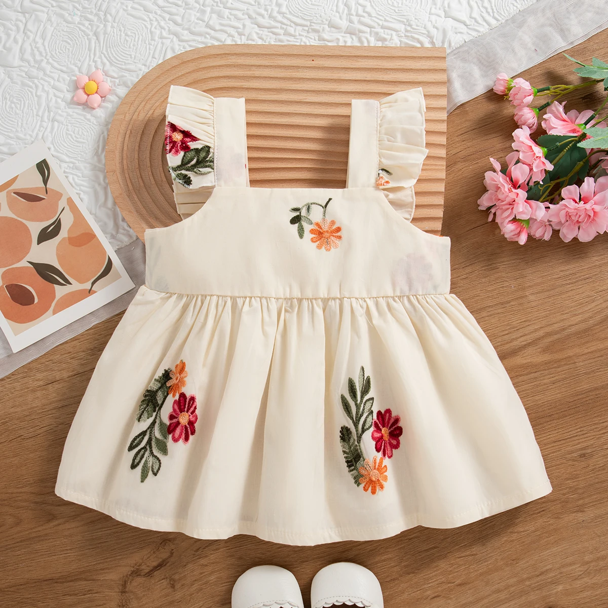 

Платье для маленьких девочек, летнее платье принцессы без рукавов с цветочной вышивкой, хлопковое повседневное платье с маленькими летящими рукавами
