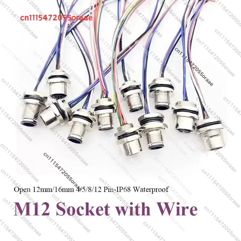 IP68 waterproof M12 4 5 8 12-pin cable connector male and female aviation socket with 20CM cable opening 12mm/16mm panel