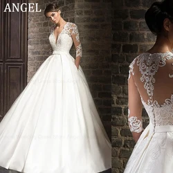 ANGEL Elegant Lace Wedding Dresses vestido de novia Half Sleeve V-Neck Bride Dress Sweep Train Pockets Customized Robe De Mariee