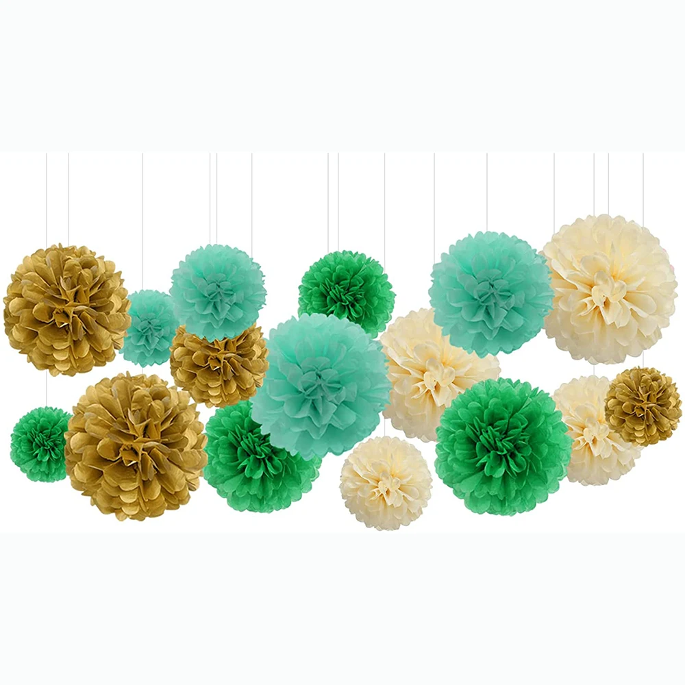 Mint Green Ivory Gold Tissue Pom-Poms Diy Paper Flower for Baby Bridal Shower Rustic Wedding Pastel Birthday Party Decorations