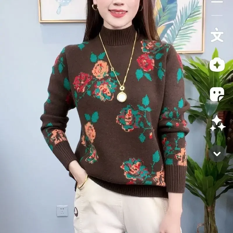 

Resistant Soft and Sticky Knitted Sweater Commuting Base Sweater Half High Neck Fashio Jacquard Temperament Sweater Women's Cold