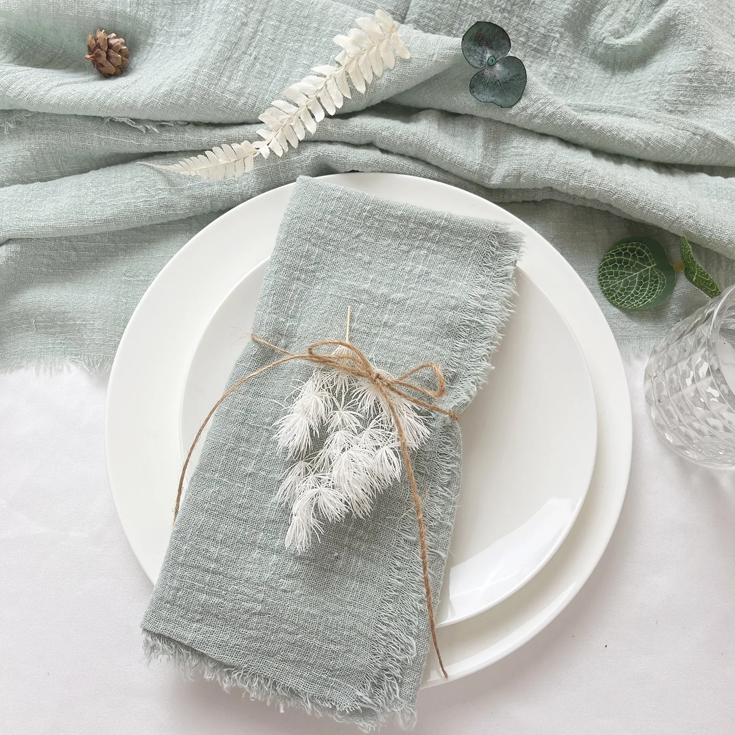 

100pcs Wholesale 32x32cm Sage Green Gauze Cotton Napkin Reusable Wedding Party Christmas Table Decor Retro Burrs Cloth Napkins