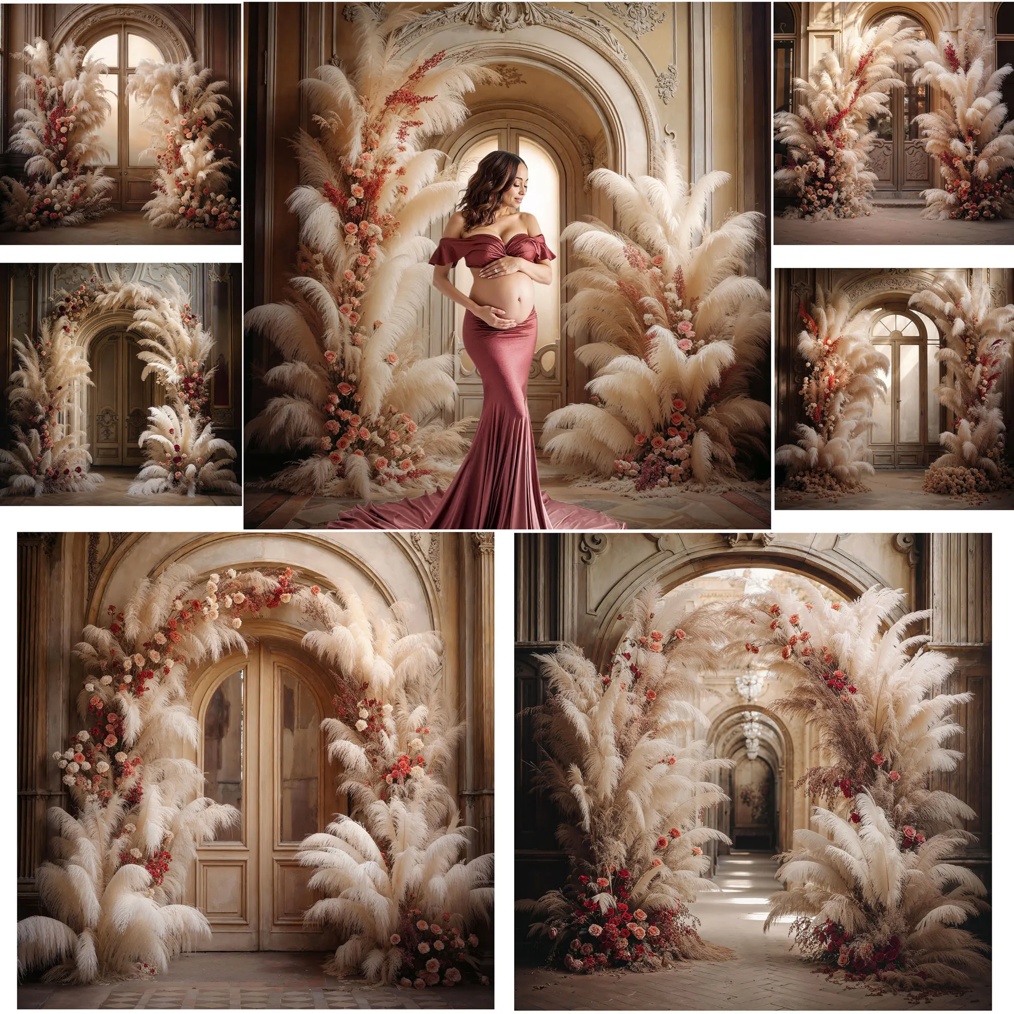 SeekPro Boho Feather Flower Floral Arch Window Wall Wedding and Maternity Photo Portrait Photography Backdrop