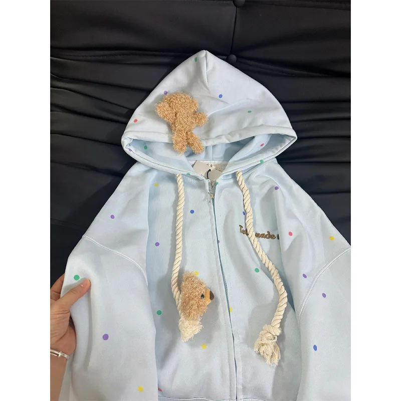 Cute bear embroidered polka-dot hooded cardigan sweater women loose light blue lazy zipper coat in autumn and winter. hoodies