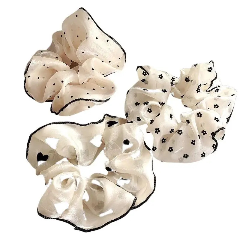 1 Stück minimalistische, süße Stoff-Haargummis für Damen, mit Herz-, Blumen- und Punktmuster, elastische Haarschleifen, Accessoires – Detail 6