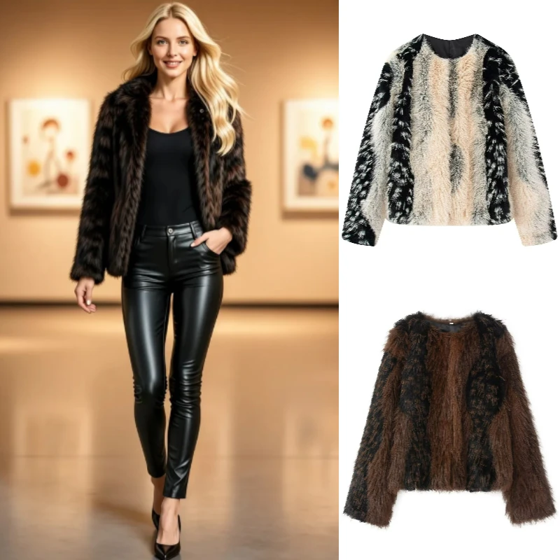 Women's Jacket 2026 Autumn Winter New Color Block Long Sleeve Faux Fur Elegant Fashion Warm Coat