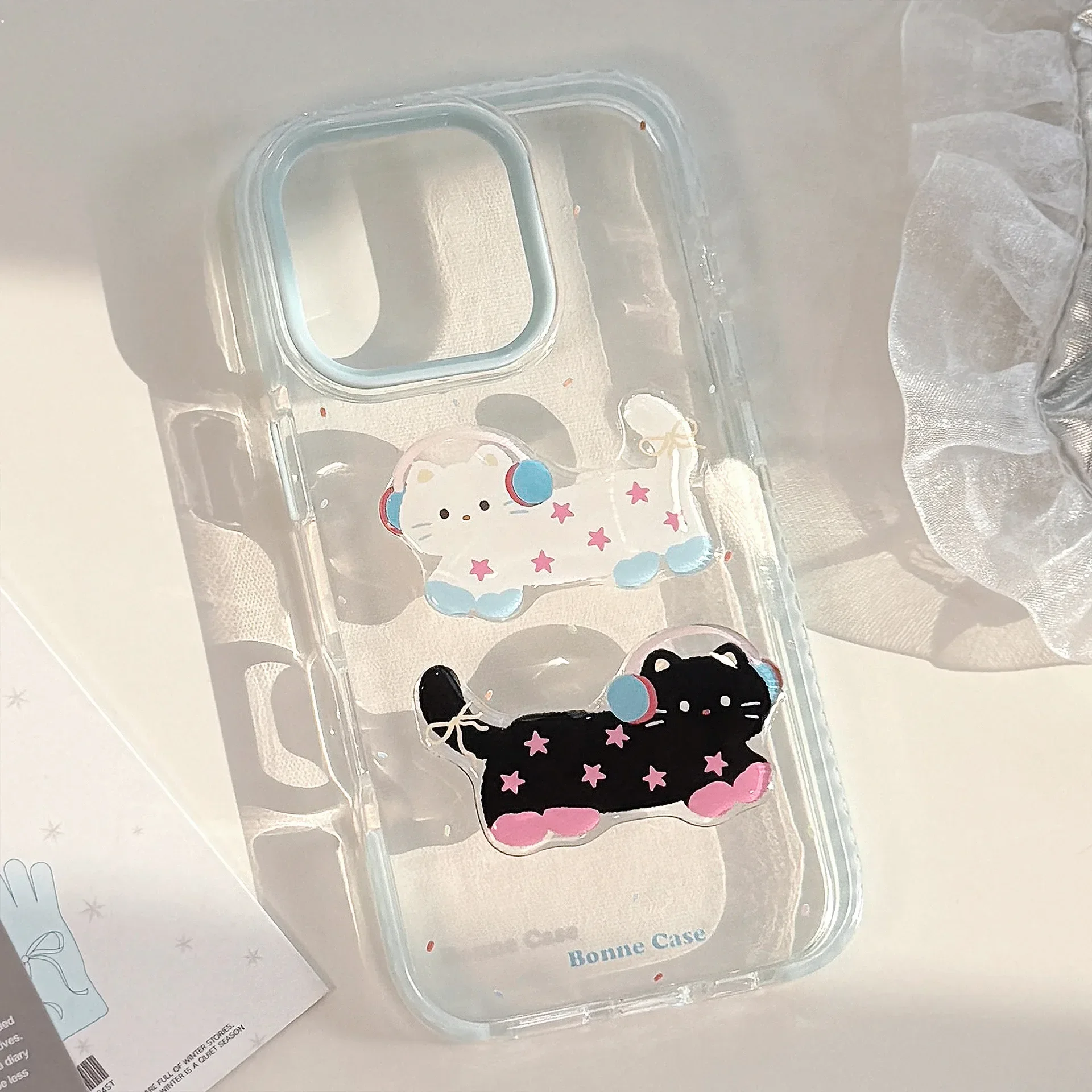 Funda de teléfono de gatito de lunares azules y negros de dibujos animados para IPhone17 16 15 14 12 13 11 Pro ProMax Plus X XR cubierta de teléfono a prueba de golpes