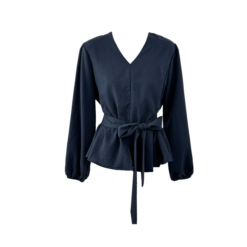 Повседневные топы в корейском стиле в стиле ретро, модная рубашка с v-образным вырезом и пышными рукавами для женщин, осень 2022, топ с завязками на талии и поясом