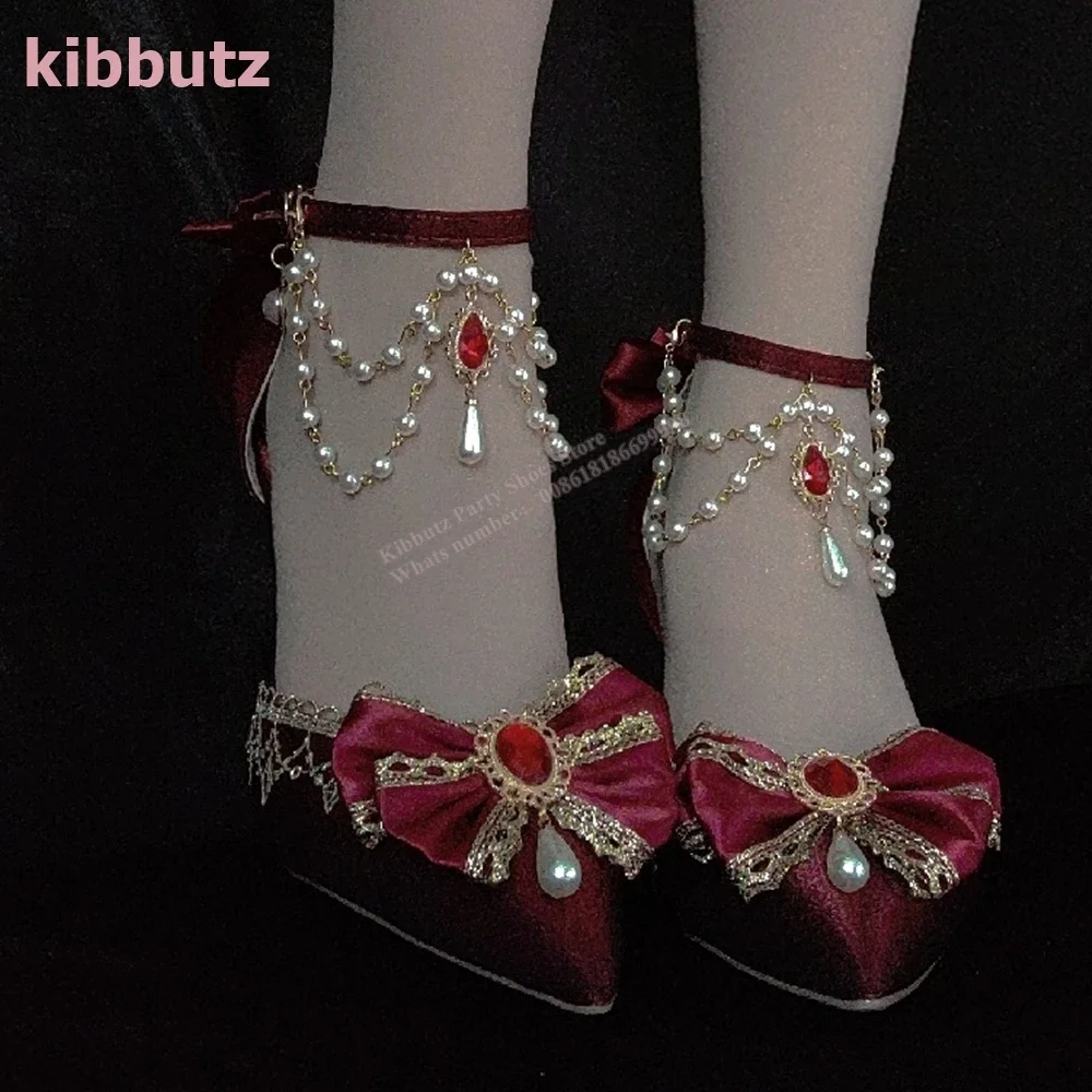 크리스탈 보우 진주 펌프 벨벳 포인티드 토 얇은 힐 체인 라인석 단색 패션, 우아한 럭셔리 섹시 여성 신발, 신상