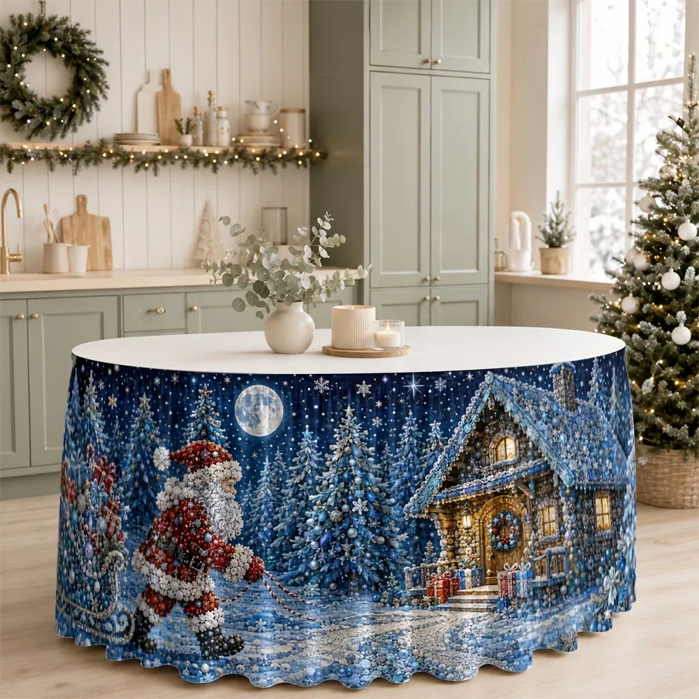 Tablecloth Winter Wonderland Snowy Cabin Santa Claus Sleigh Comfortable Festival Night Christmas Celebrationxzj