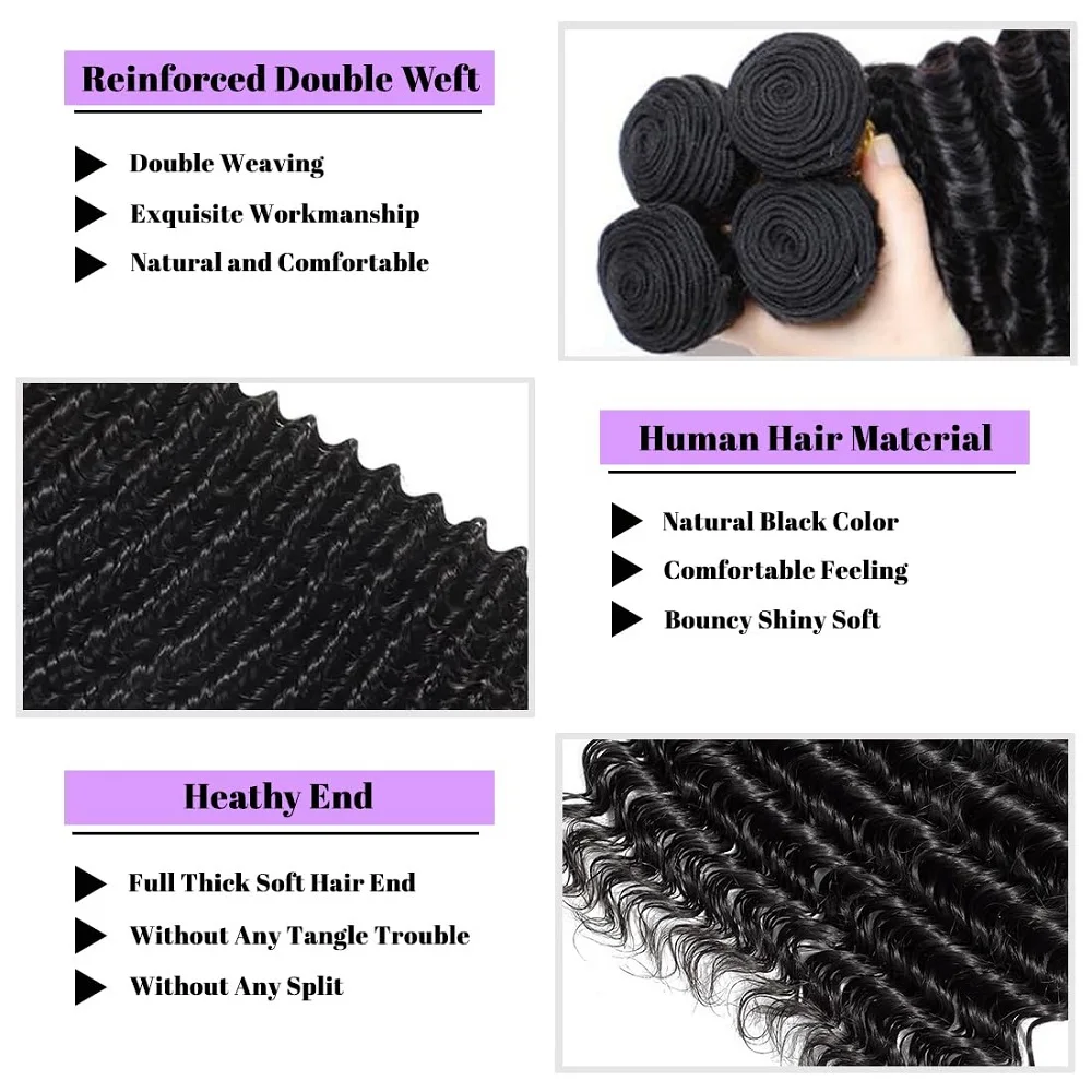 YEORING حزم شعر بشري مموج عميق مع 4 × 4 HD حزم إغلاق الدانتيل 100% وصلات شعر بشري برازيلي نسج شعر خام طبيعي