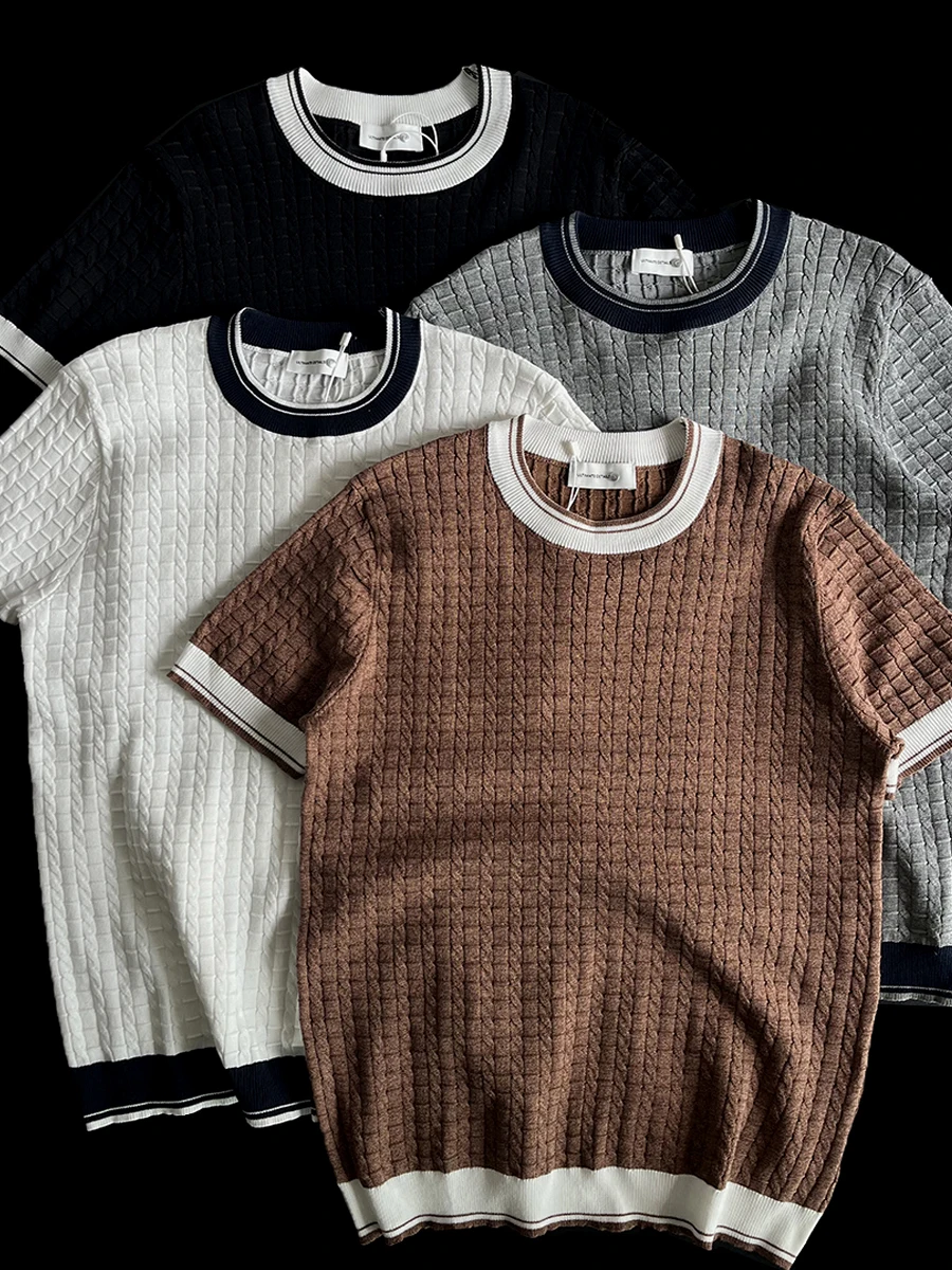 

Прецизионно связанная трикотажная кофта свободного кроя с круглым вырезом и цветными блоками в итальянском стиле, с коротким рукавом, для весенне-летнего сезона, базовая модель.