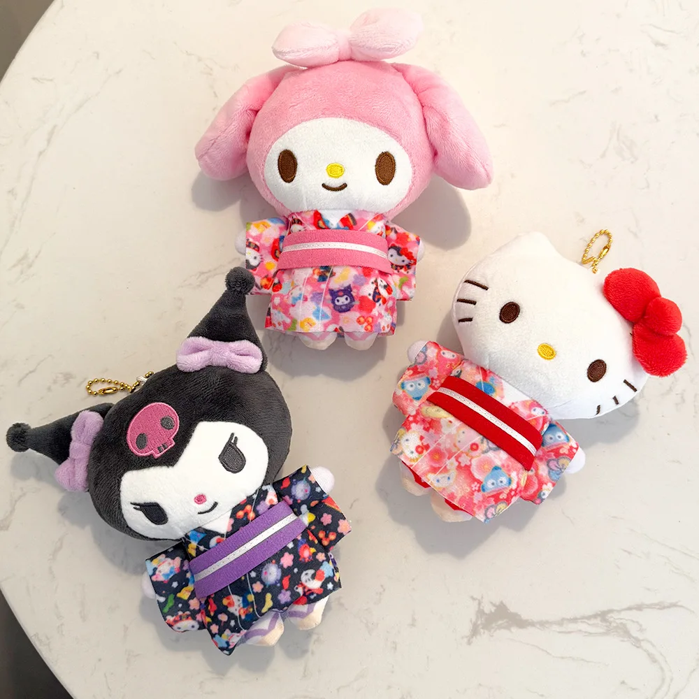 15CM Sanrio Peripherals Hello Kitty My Melody Kuromi Card Kimono Style Plush Doll Pendant Bag Hanging Decoration Birthday Gift