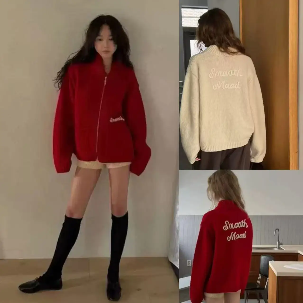 Korean Sle Embroidered Woolen Knitted Cardigan Sweater with Zipper for Girls Long Sve Regular Length Zipper Closure