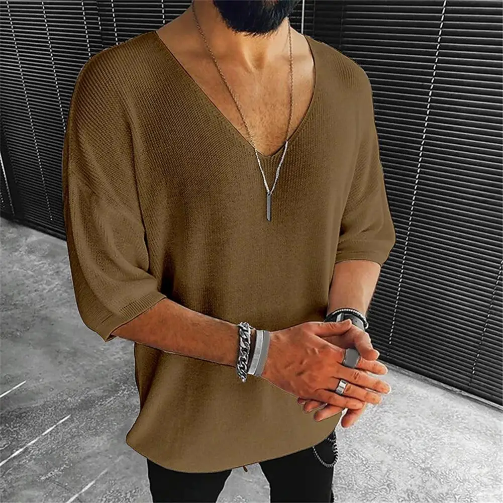 Knitted Men T-shirt V Neck Half Sleeves Pure Color Knit Tops Summer Casual Pullover British Loose Shirts Men Solid Tee Knitwear