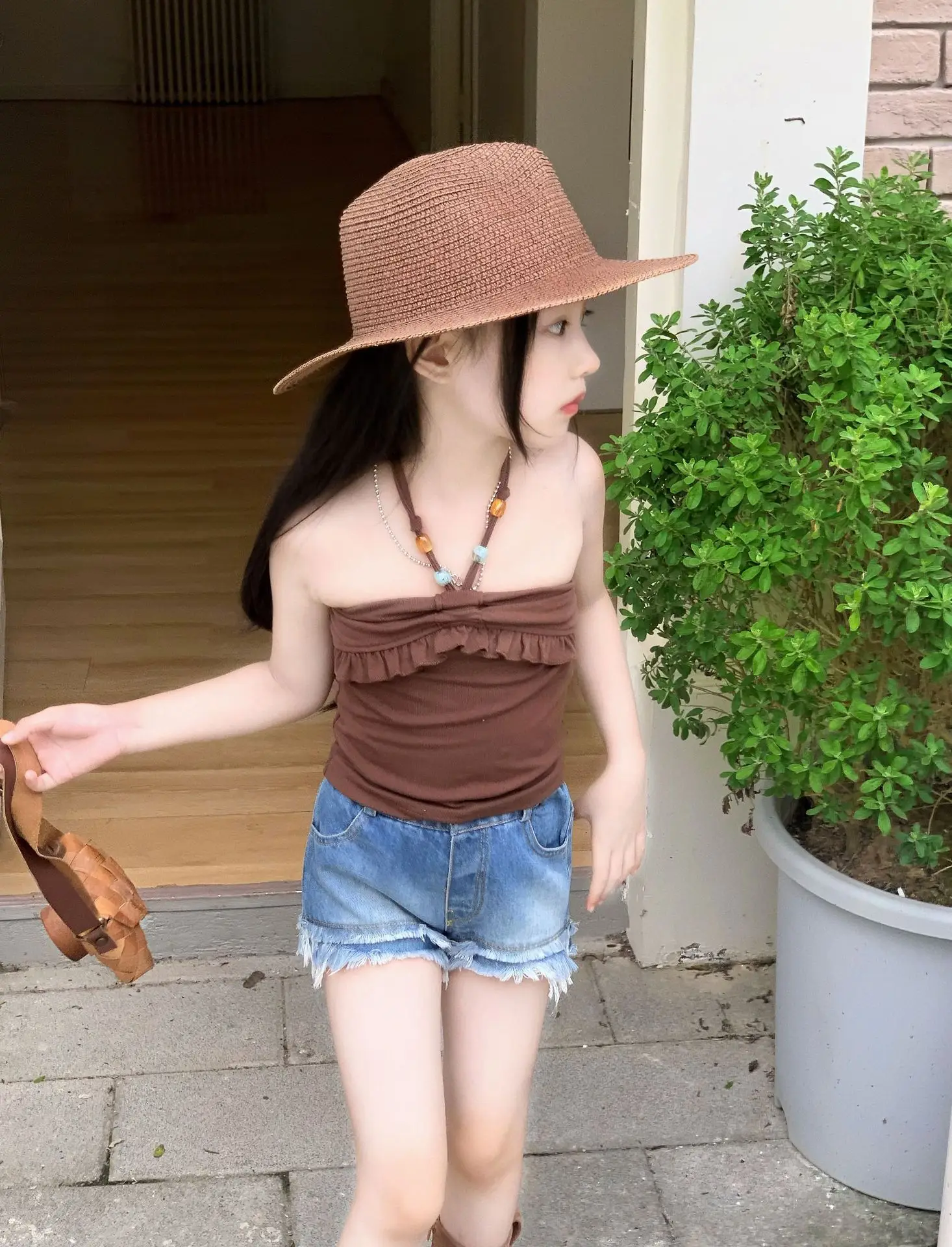 Girls Strapless Summer American Spicy Girl Halter Tie Tube Top Korean Vacation Style Ruffle Vest Lace Top