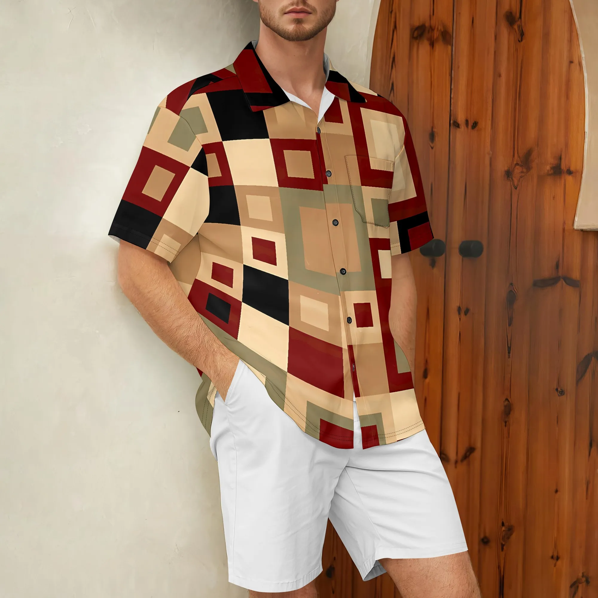 YEAE Colorful Pixel Checkerboard Print Shirt for Men Summer Casual Short Sleeve Top