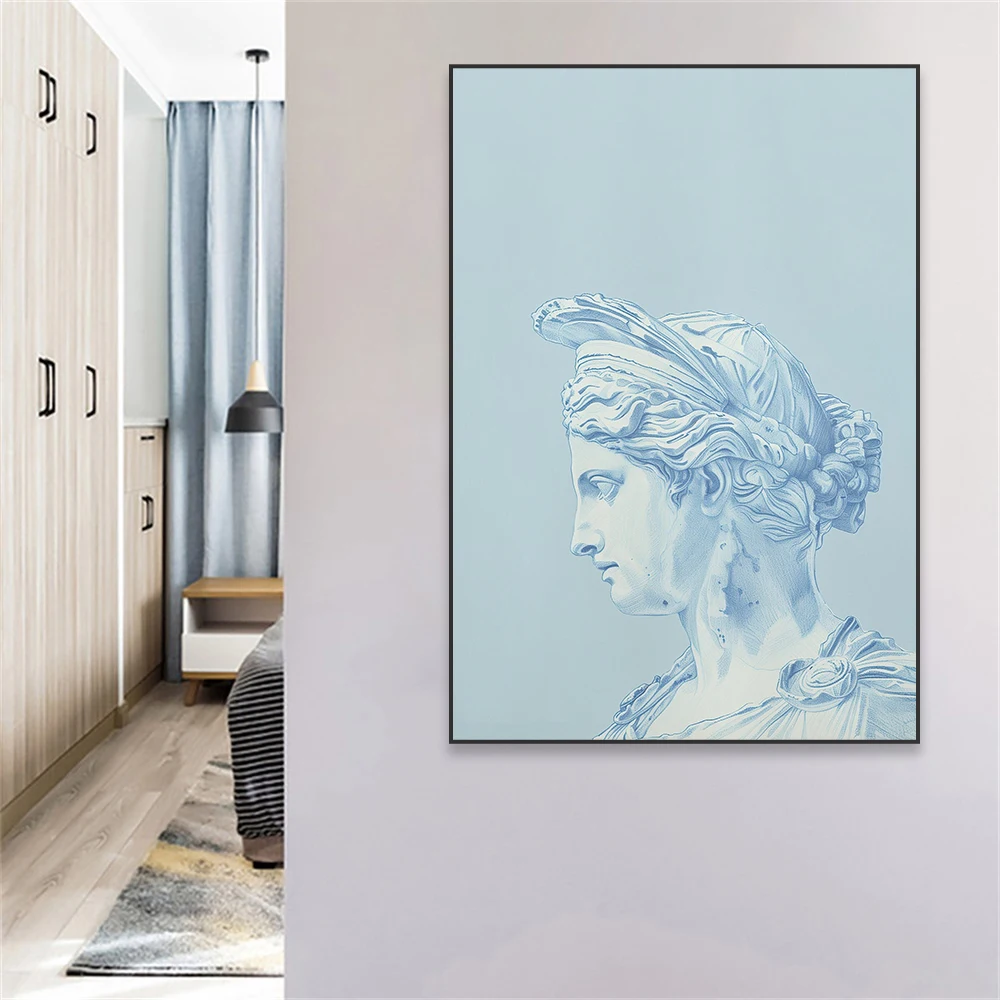 Modern Classic Greek Mythology Sculpture Poster Graffiti Blue Color Goddess Statue Canvas Painting Reading Room Decor