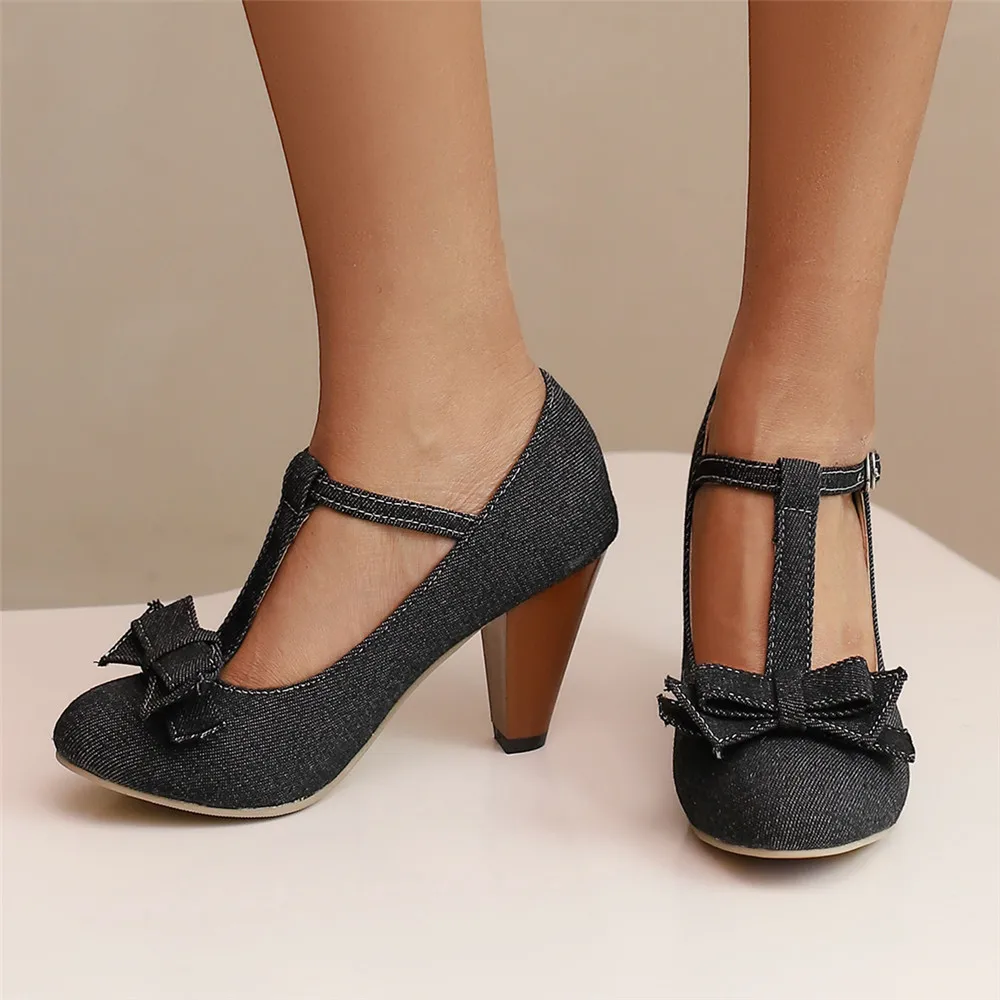 2024 Spring Summer Girls High Heel Shoes Denim Pumps T-Buckle Fashion Women\'s Spike Heels High Heels for Office Party Banquet