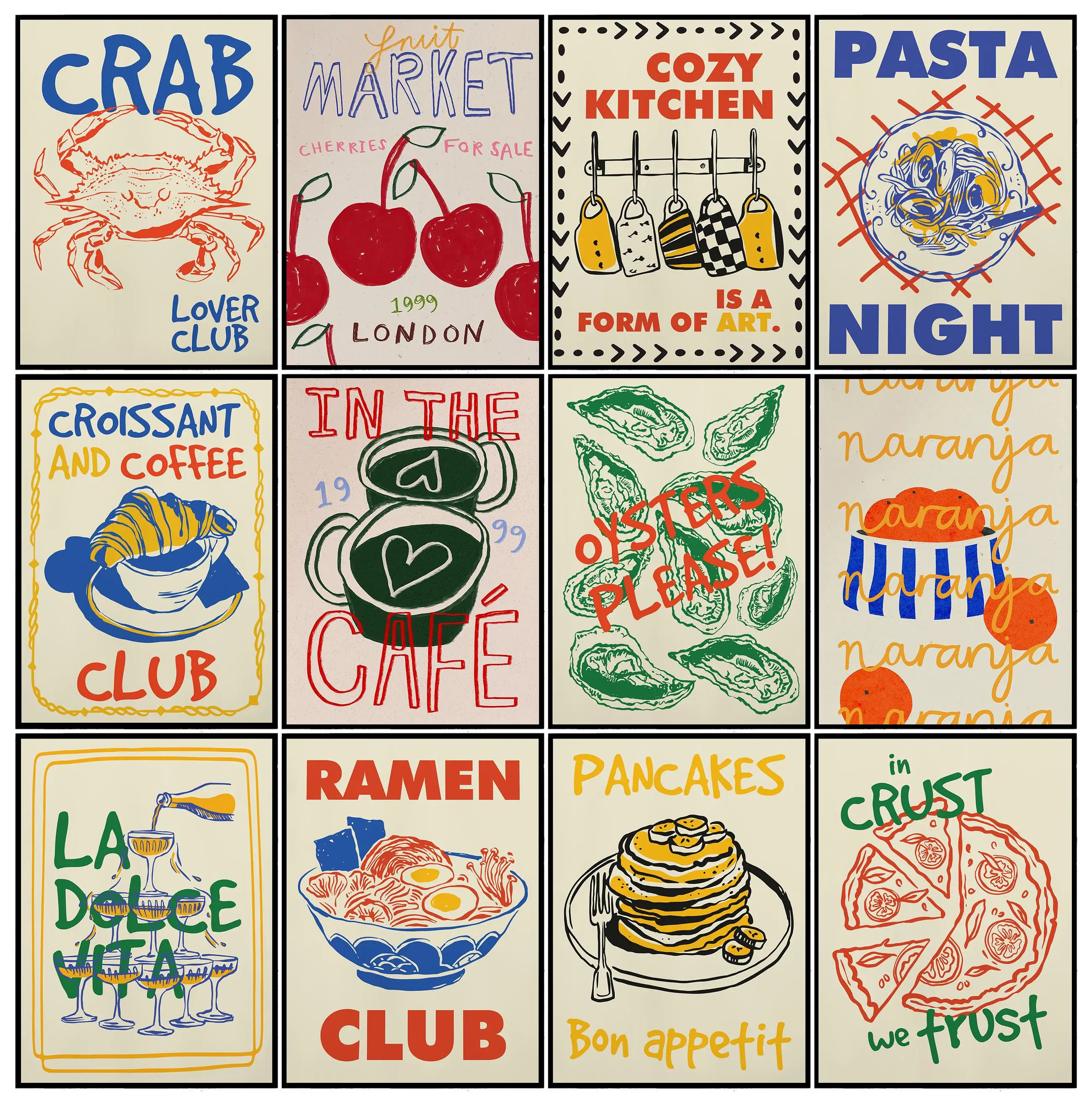 Póster Retro italiano para cóctel, Pizza, Ramen japonés, Club, vino, queso, comida, impresión, imágenes artísticas de pared, pintura en lienzo, decoración del hogar para habitación