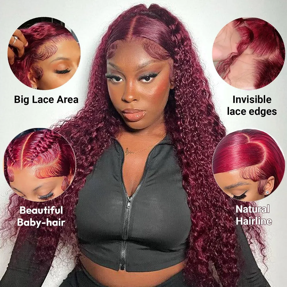 13x4 Deep Wave Lace Front Wigs Burgundy Wig Human Hair 99j Burgundy 30 Inch Human Hair Pre Plucked HD Transparent Lace Frontal Wigs for Black Women Wine Red Colored Wig 99J Burgundy Lace Front Wigs St image 7
