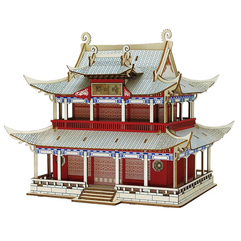 Qingchuan Pavilion 3D Wooden Puzzles Chinese Architecture Wood Jigsaw DIY Assembly Model Kits Educational Toys For Children Kids