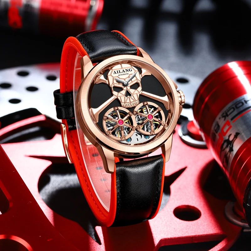 فاسق البخار الجمجمة اثنين توربيون تصميم رجل ووتش جوفاء التلقائية الميكانيكية للماء الرجال التلقائي ساعة اليد للرجال #5