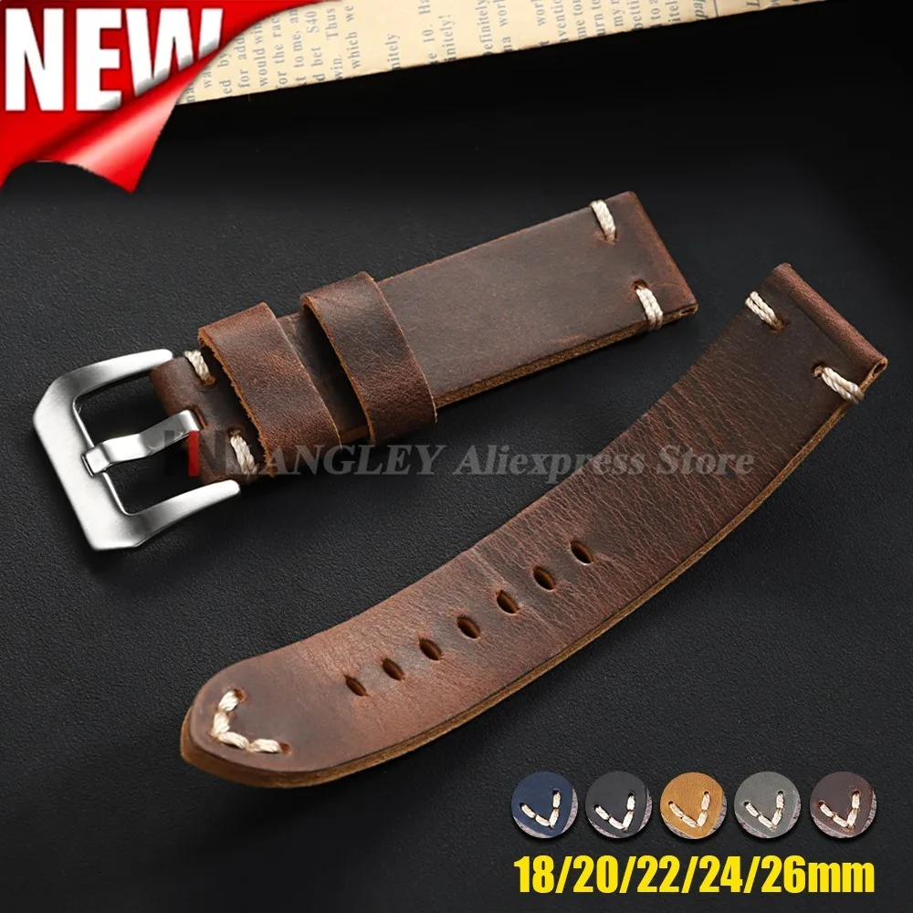 Bracelet de montre en cuir de vachette vintage 18mm 20mm 22mm 24mm 26mm, sangle cousue à la main pour Panerai, pour montres intelligentes Seiko