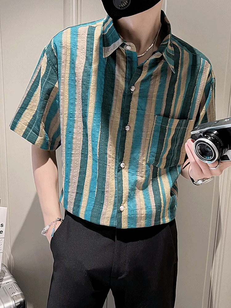 

Ice Silk Stripe Men's irt Summer Lightweight Loose Fit Seven Sve Trendy ort Sve Button up Youthful Sle Casual...