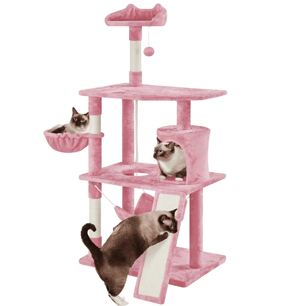 Multi Level Cat Tree Condo with Hammock Basket Scratching Post Small Medium Cats 63.5 Inch Plush Sisal Wood