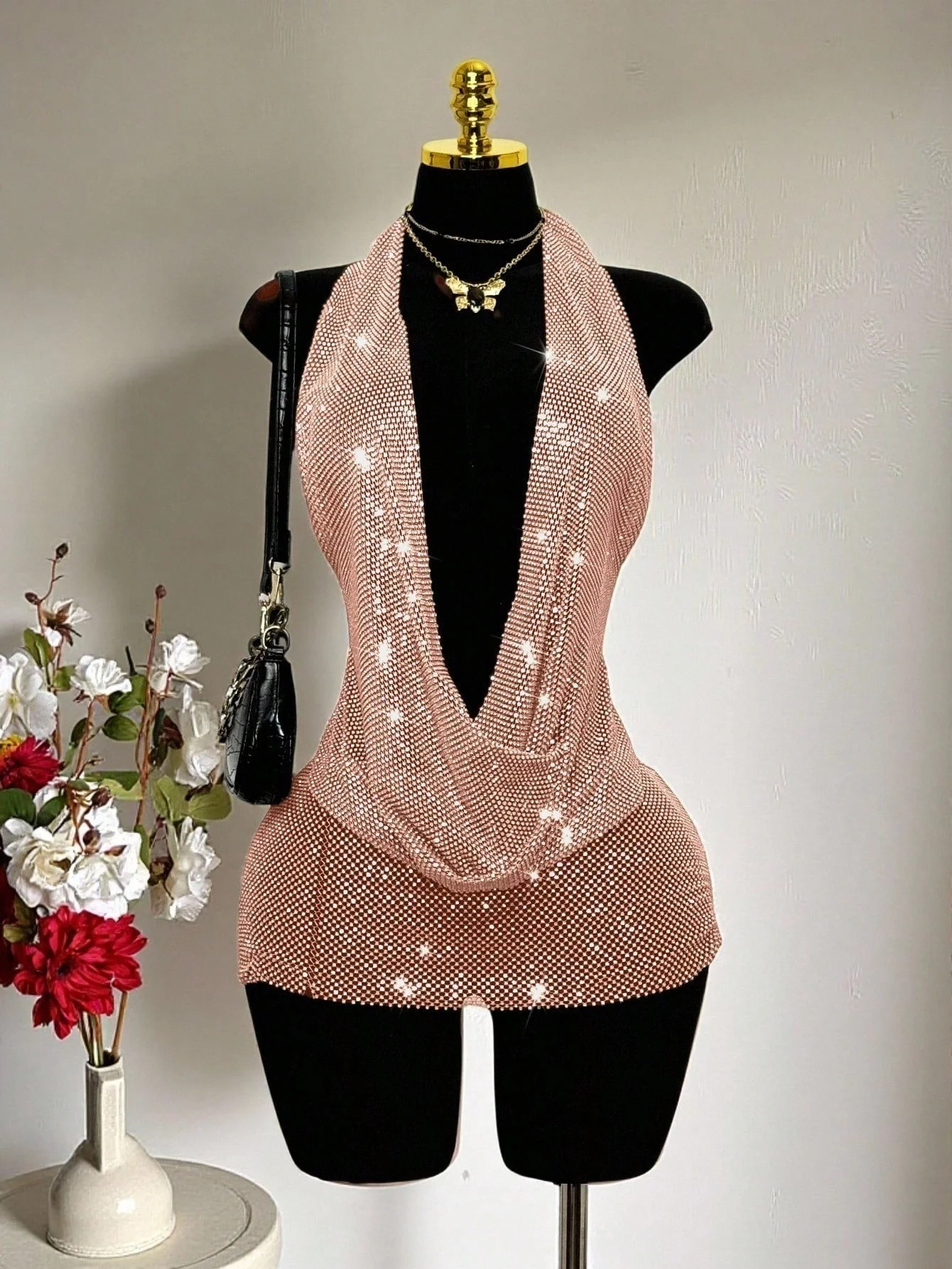 Sexy Damenkleid mit Tiefem V-Ausschnitt und Rückenausschnitt, Glänzende Strass-Netzoptik, Durchsichtiges Neckholder-Minikleid für Strand, Party und Club