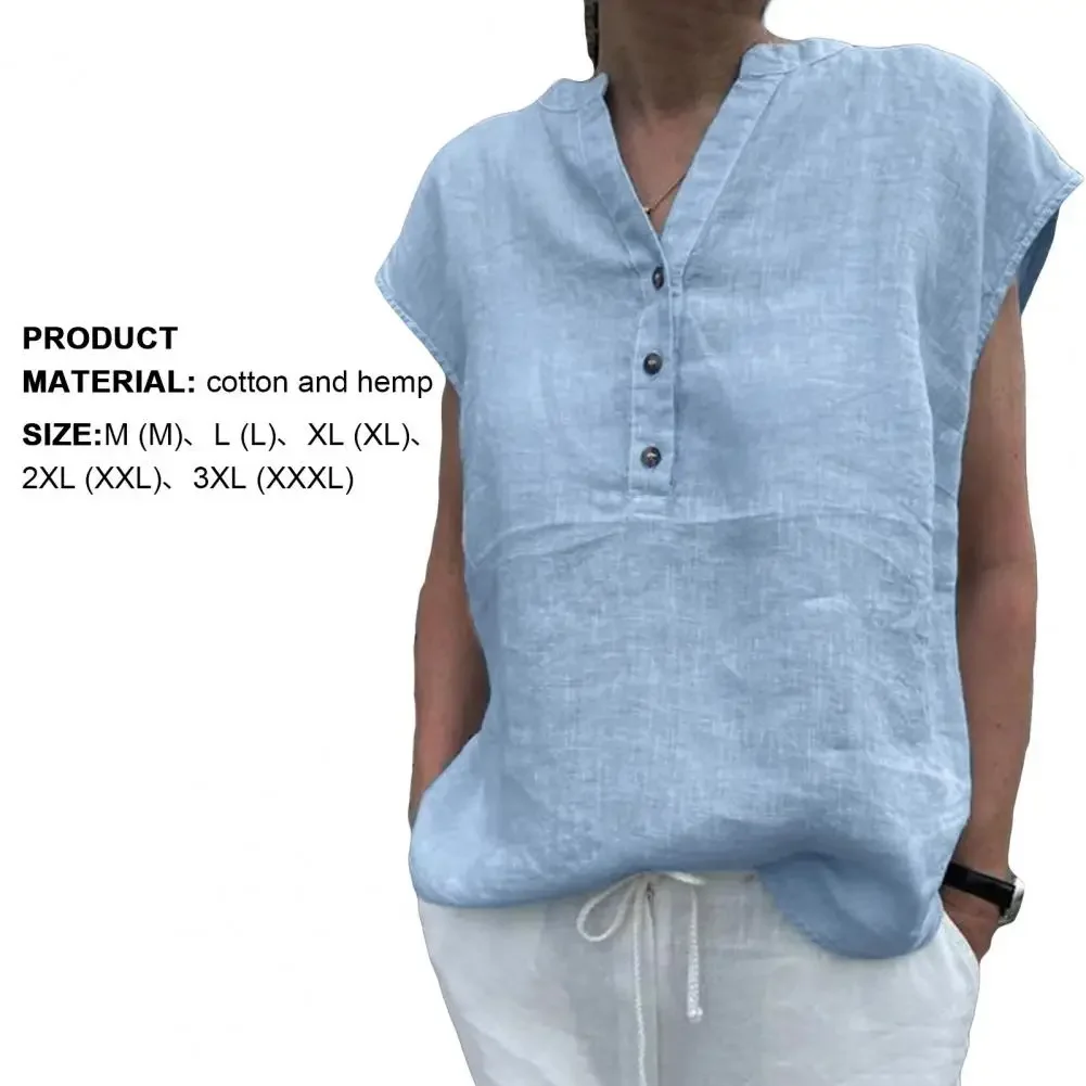 Women T-shirt Cotton Linen Summer Blouse Solid Color Simple Short Sleeve V Neck Quick Dry Daily Clothes Ropa Mujer Blusas