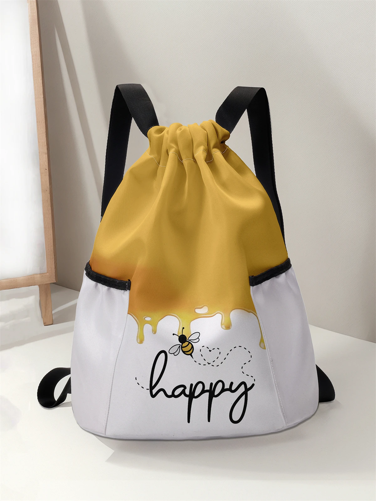 

Bee Pattern Drawstring Backpack - Large Capacity Durable Fitness Bag, Adjustable Shoulder Straps, Sports Beach Backpack