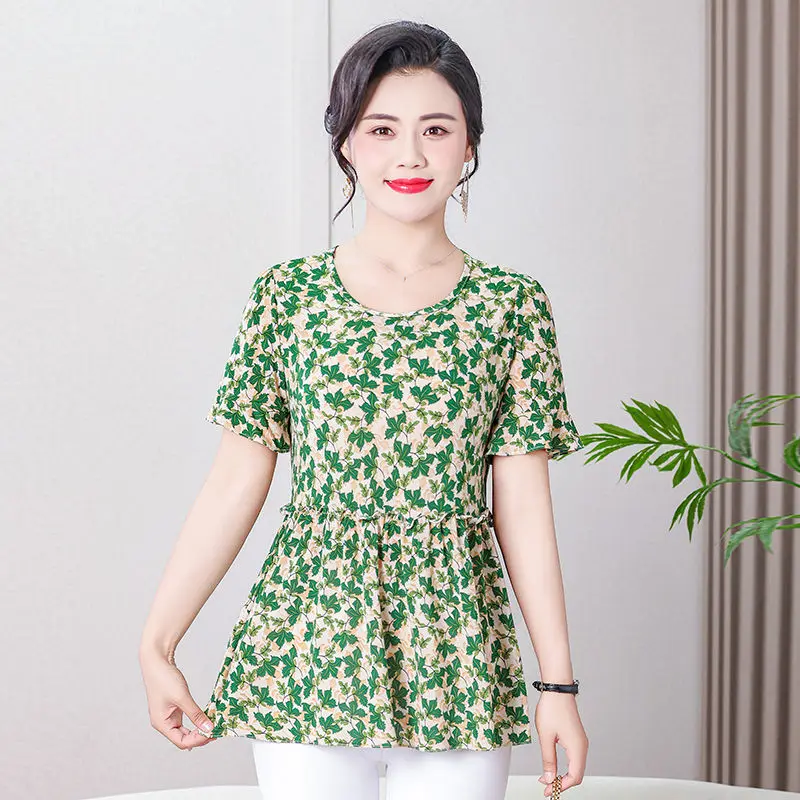 قميص نسائي رفيع برقبة دائرية مزين بالزهور يبدو نحيفًا ويغطي قمصان بطنك #4