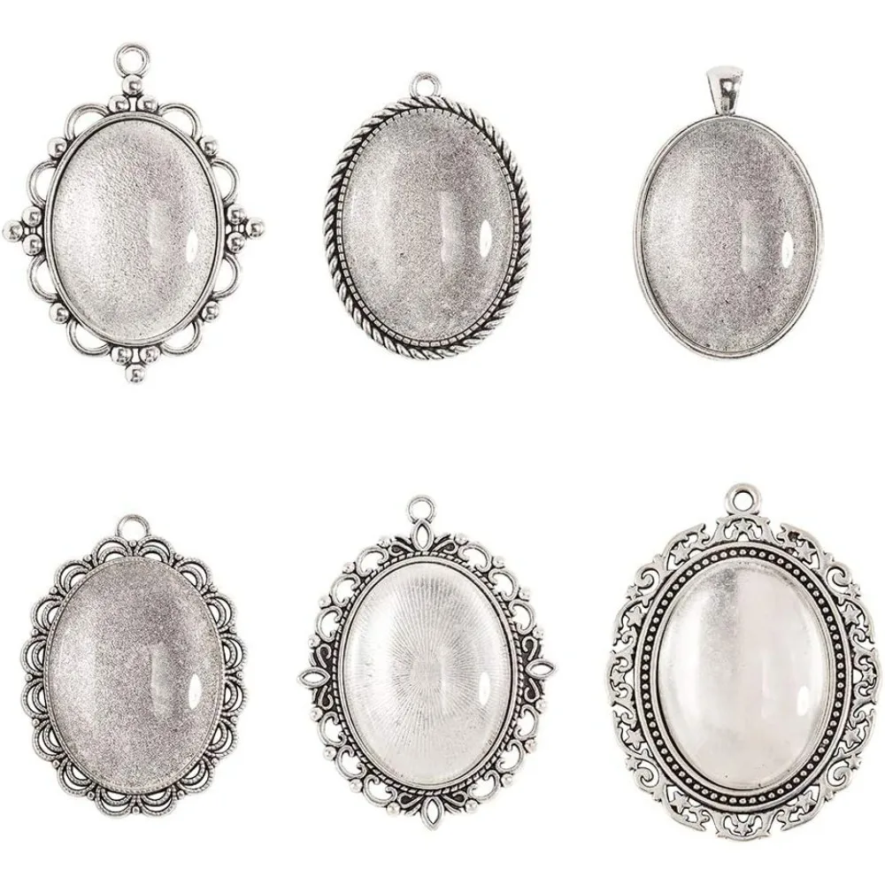 Oval Pendant Trays - 6pcs 6 Shapes Tibetan Pendant Trays Bezel Settings and 6pcs 40x30mm Glass Cabochons Clear Dome making kit