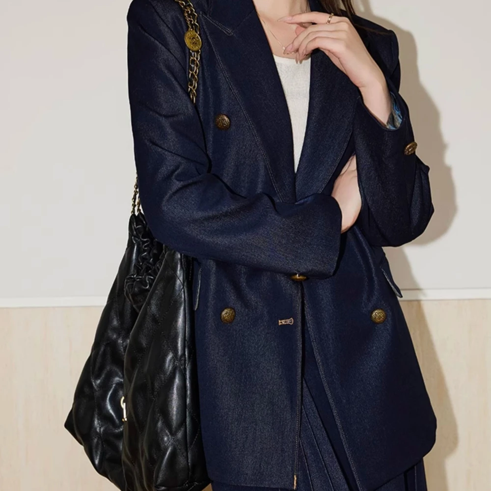 TWOTWINSTYLE Darkblue تقسم أزرار قطعتين مجموعة الإناث التلبيب كم طويل سترة الشارع الشهير الرجعية المرأة تنورة مجموعة الموضة #5