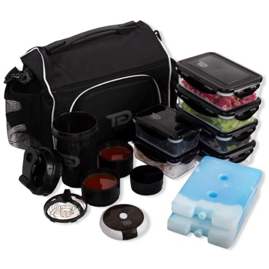 

Meal Prep Bag Insulated Lunch Meals Bag W/6 Portion Control Containers, 2 ICE PACKS, Shaker, Pill Box, With an Adjustable shoul