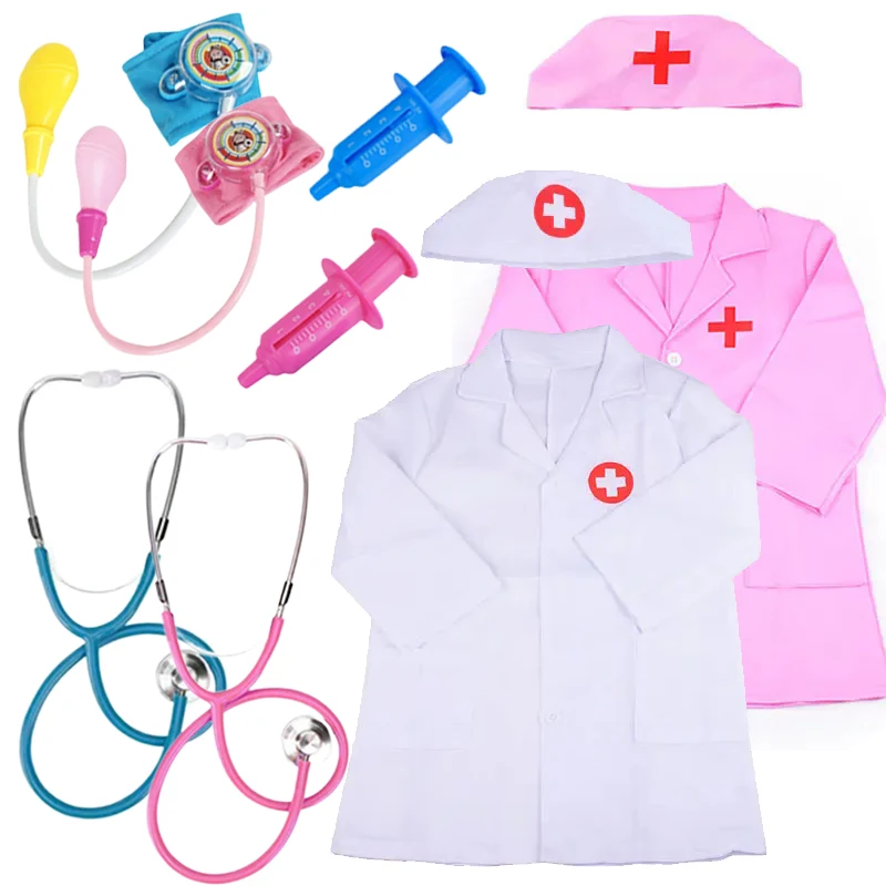 Simulated Doctor Toy Pretend Play Doctor Nurse Work Uniform Cross Coat with Accessories Household Games for Children TMZ