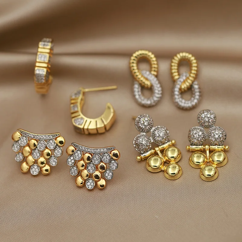 New Sight Design Crystal Beads Stud Earrings for Women Fashion Brand Jewelry Metal Zirconia Delicate Earrings