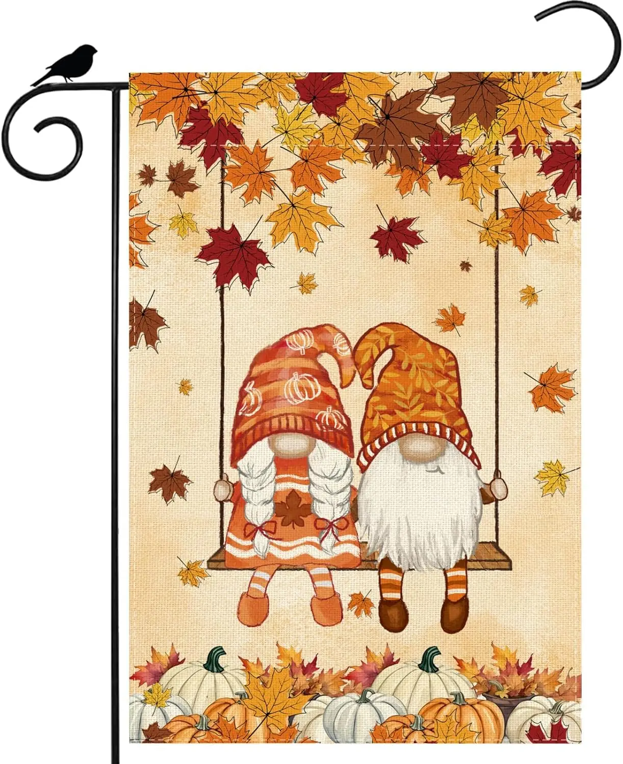 Fall Gnomes Swing Maple Leaves Pumpkins Autumn Garden Flag Yard Flag 12x18 Inch Double Sided Small Mini Yard Outdoor Outside JHH