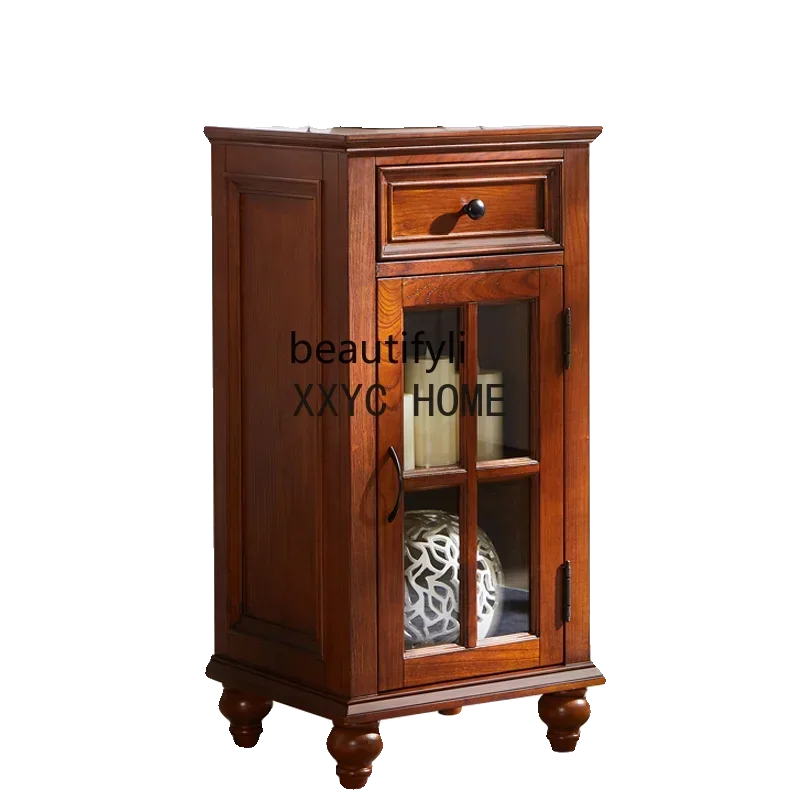 

American-Style Solid Wood Glass Small Tea Side Table Retro Living Room TV Side Display Cabinet Home Small Wine Cabinet