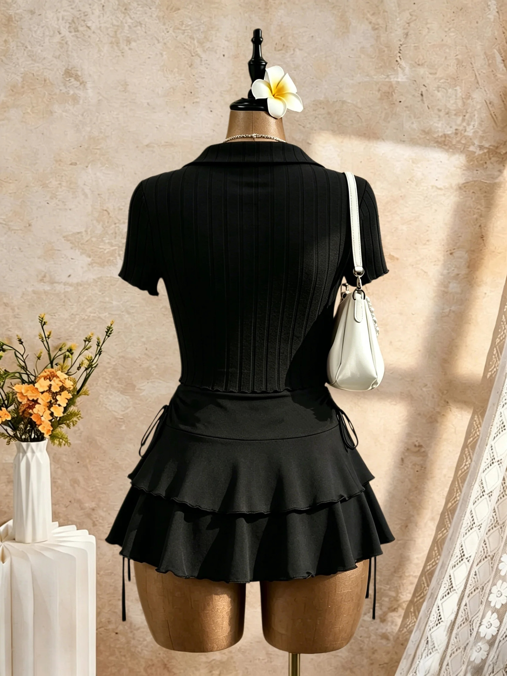 2 Pcs Women Ribbed Polo Collar Front Tie Crop Top Side Drawstring Tiered Ruffle Mini Skirt Set Solid Black Summer Beach Two Piec