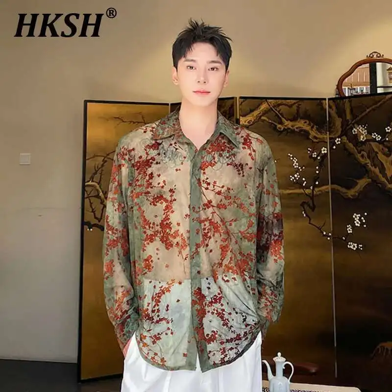

HKSH Spring Summer New China-chic Flocked Floral Mesh Lapel Long Sleeve Shirts Men's Tide Women's Shirt Casual Sunproof HK1095