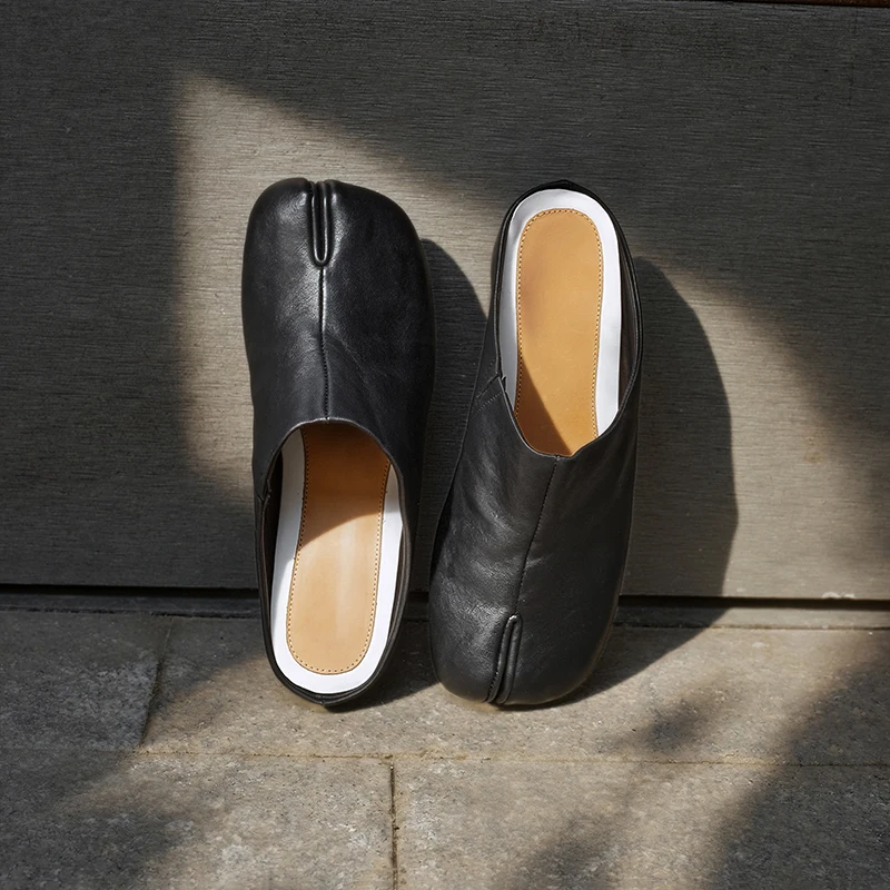 New Genuine Leather Cowhide Women Mules, Split Toe Slip-on Women Slippers, Increased Internal Heels Fashion Flat Women Shoes