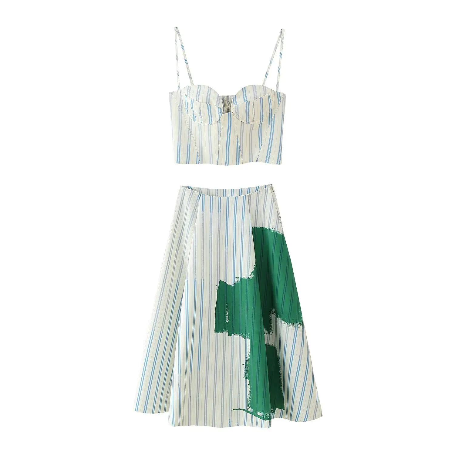 

2025 spring and summer new European and American style women's fashionable casual striped bra top skirt